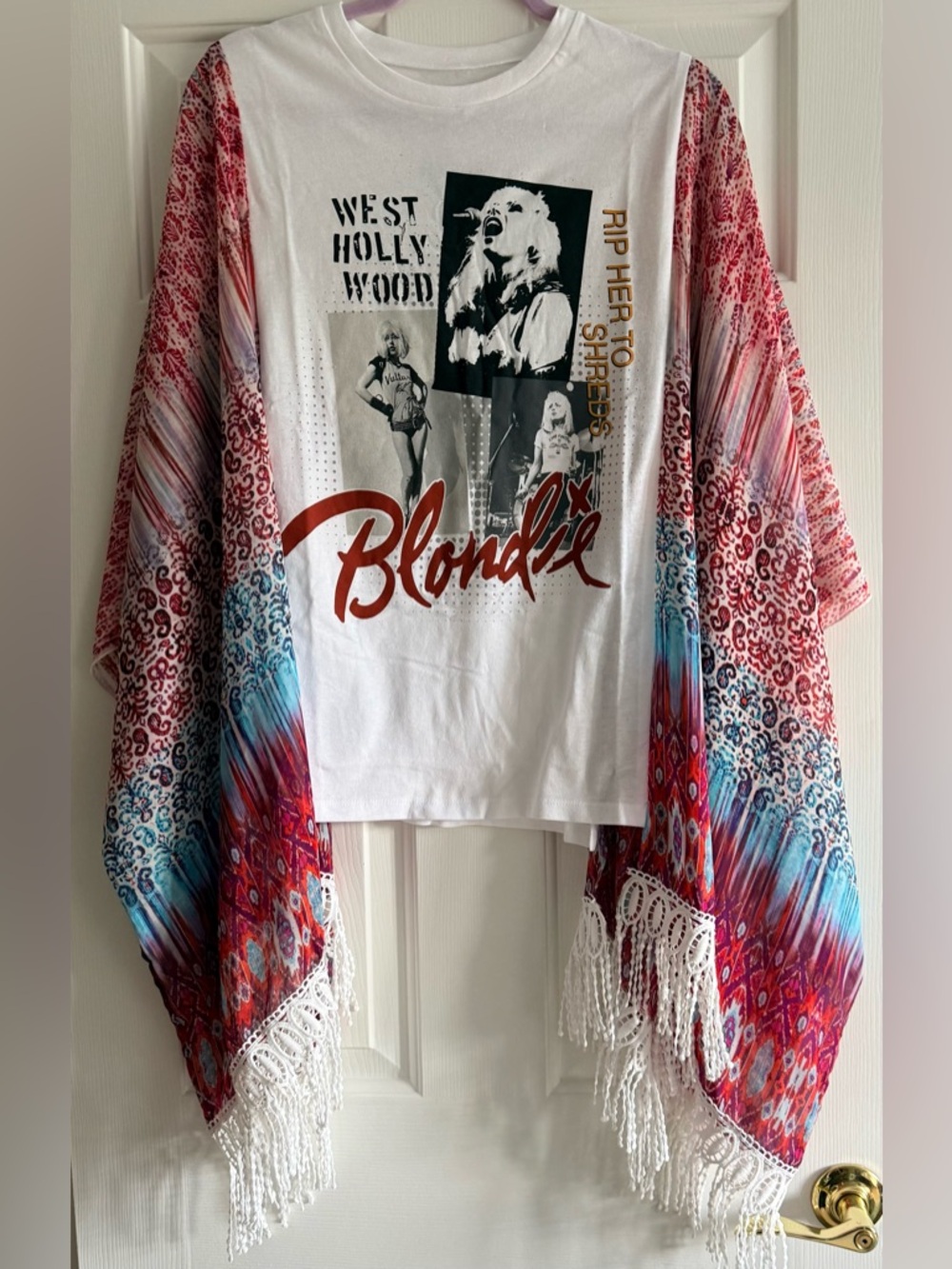 Custom Upcycled Edgy Blondie Graphic Tee Kimono Poncho Pullover Top OSFM - Picture 2 of 4